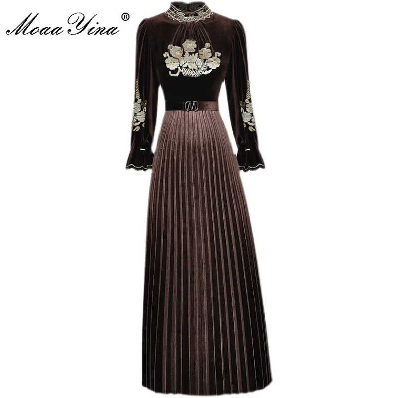 

MoaaYina 2021 осенне-зимнее подиумное элегантное бархатное платье женские винтажные вечерние платья с вышивкой и воротником-стойкой