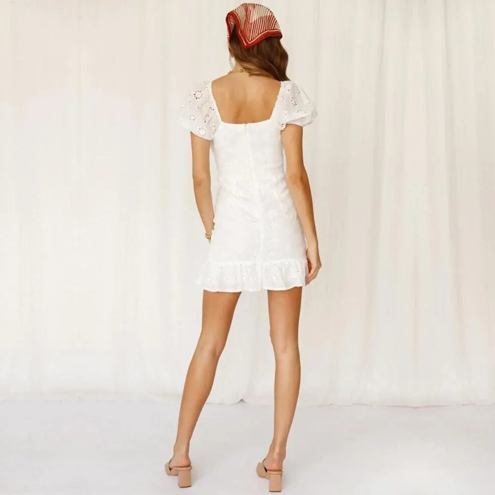 

Soolasea Sexy V-neck Party Dress Women Elegant Hollow Out Lace Mini Dress Summer Ruffles Short Sleeve Bodycon Dress Vestidos