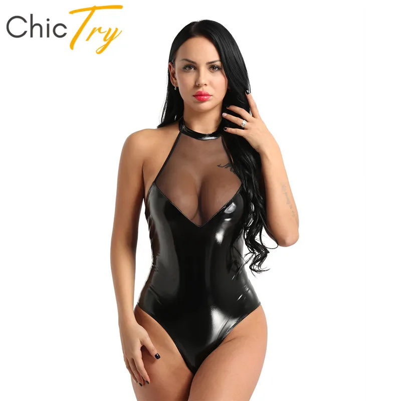 Женский сетчатый боди из искусственной кожи с лямкой на шее для ночного клуба