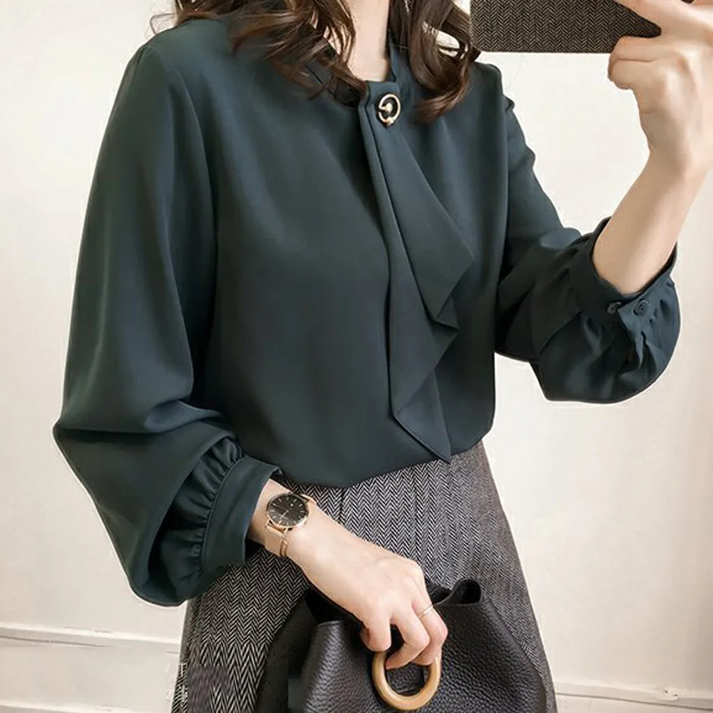 Женская шифоновая блузка с длинным рукавом фонариком и круглым вырезом|Блузки| |