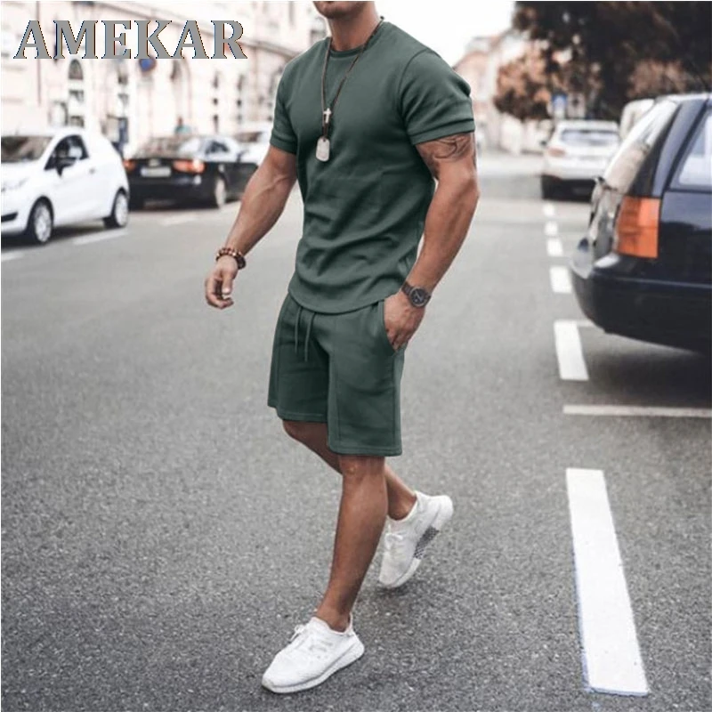 

Fashion Men's Casual Cotton Short-sleeved Shirt Shorts 2-piece Suit 2021 Summer Men's Suit Cotton Fabric Casual Sportswear Slim