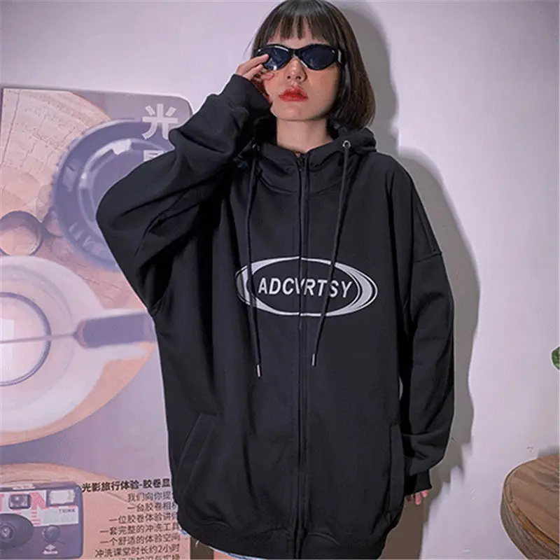 

Jackets Women Violet Hooded Letter Loose Zipper Couple All-match Casual Streetwear Unisex Ulzzang Pockets Spring Female Cozy Ins