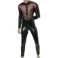 mens wet look catsuit faux leather mesh jumpsuit wrestling singlet black tight pvc bodysuit sexy clubwear latex fetish body suit