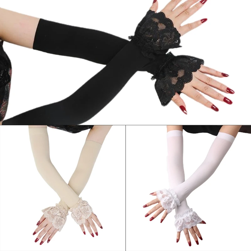 

Women Sunscreen Ice Silk Fingerless Driving Gloves Flared Floral Lace Patchwork Arm Warmers Sleeves Cooling Scar Cover