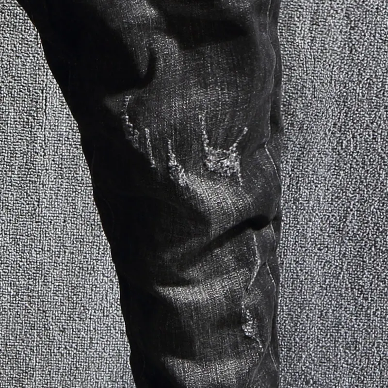 Korean Style Fashion Men Jeans Retro Black Elastic Slim Fit Ripped Jeans Men European Vintage Designer Casual Denim Pencil Pants