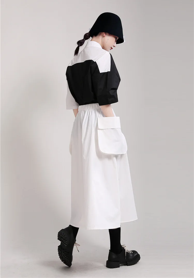 

[EAM] Black Big Size Temperament Pockets High Elastic Waist Half-body Skirt Women Loose Fashion New Spring Summer 2021 1DD7219