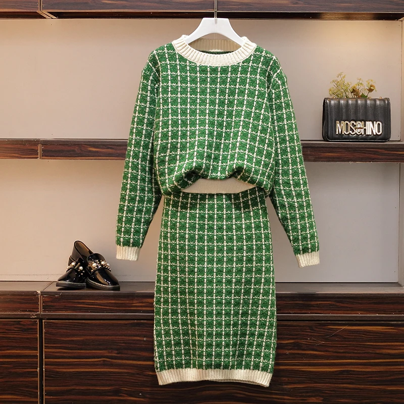 Шикарный женский свитер размера плюс, твидовый клетчатый вязаный свитер с высокой талией+ юбка-карандаш с высокой талией, комплект из 2 предметов