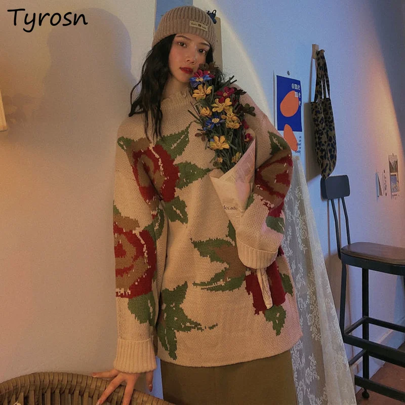 

Floral Pullovers Women Design Fungus Collar Long Sleeve Knitting Sweaters Retro Ulzzang High Street Sweet Loose Jumpers Gentle