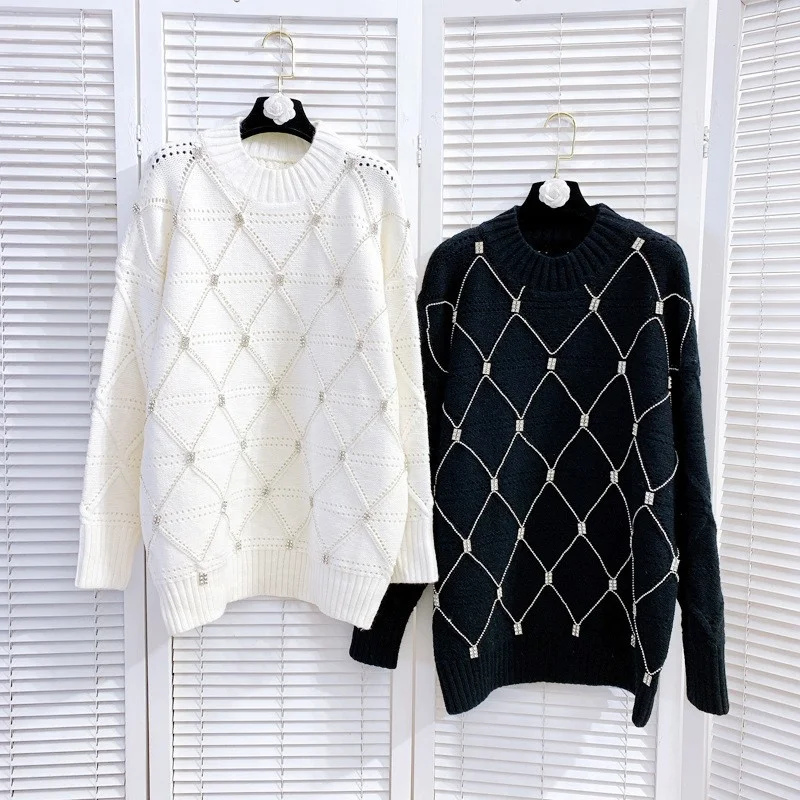 

Однотонный женский свитер, сезон весна-осень, Свободный Вязаный топ в клетку с кристаллами и стразами, повседневный Женский пуловер с длинным рукавом, свитера