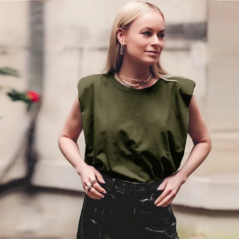 

Футболка женская базовая с наплечниками и круглым вырезом, однотонная свободная уличная одежда в полоску, топ без рукавов, на лето