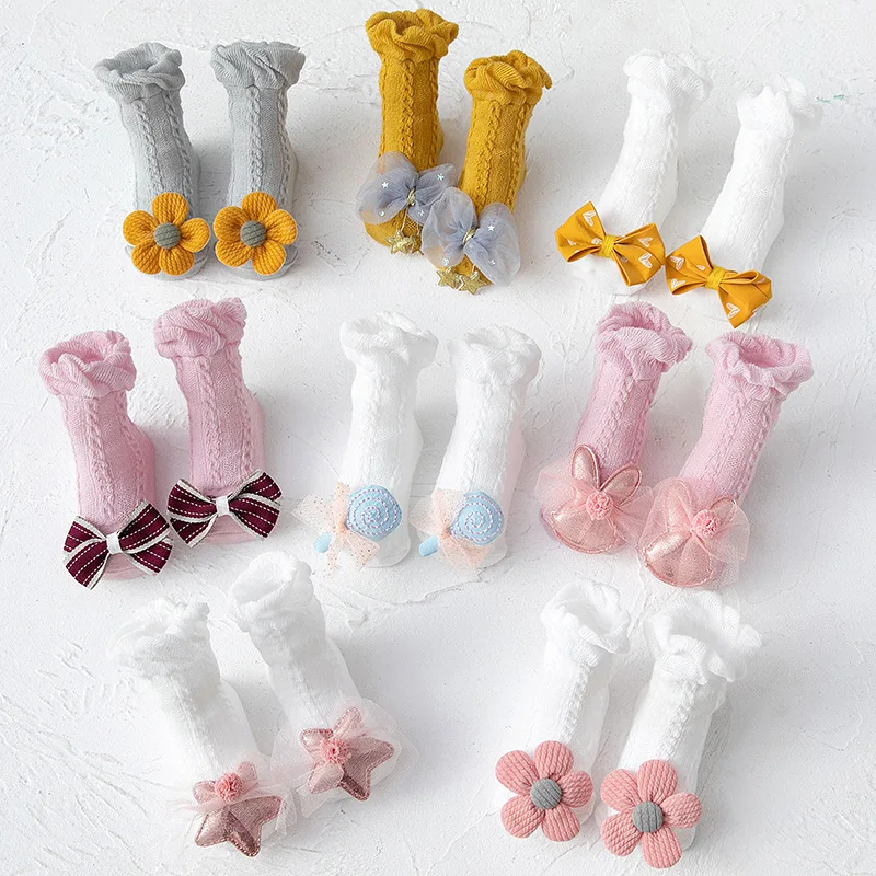 

Милые кружевные детские носки с цветами, носки принцессы со звездами, кроликами для маленьких девочек, летние дышащие напольные носки для м...