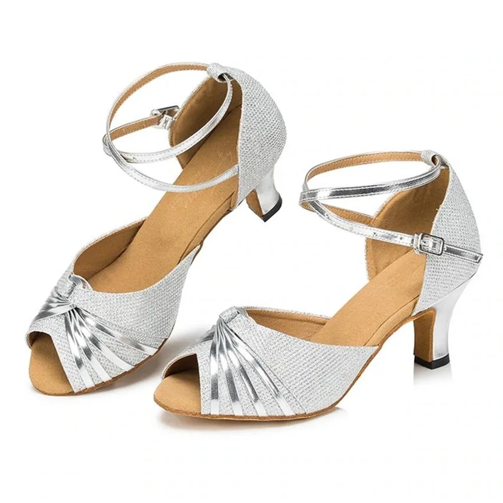 Women Latin Dance Shoes BD Silver sparkling Glitter 6cm Heel Sole Ladies Salsa Ballroom Dancing Shoes Sandal Shining