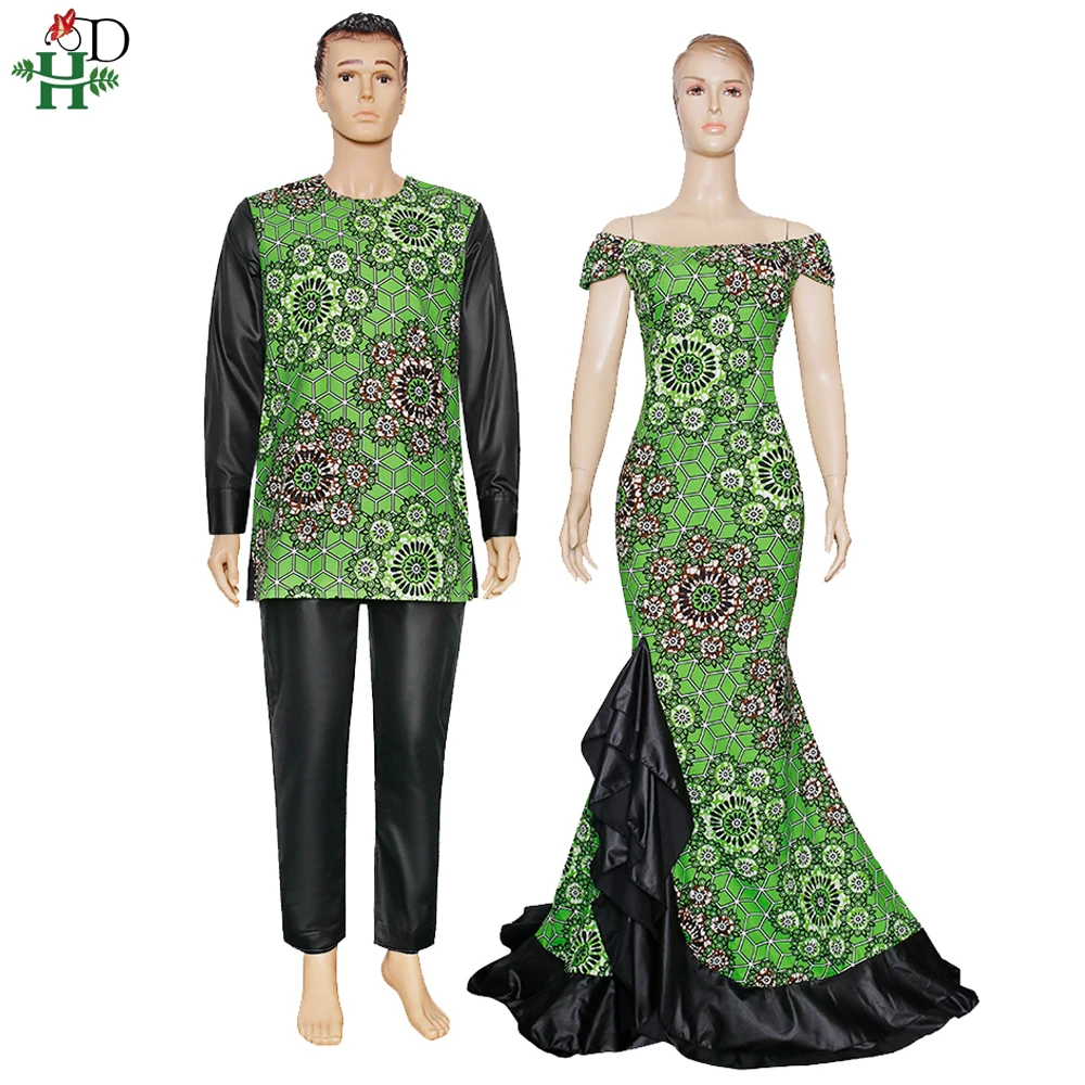 

Новинка 2021, африканская одежда для пар H & D, восковой принт, хлопковый наряд с открытыми плечами, женское платье, рубашка, брюки, костюм Дашики...