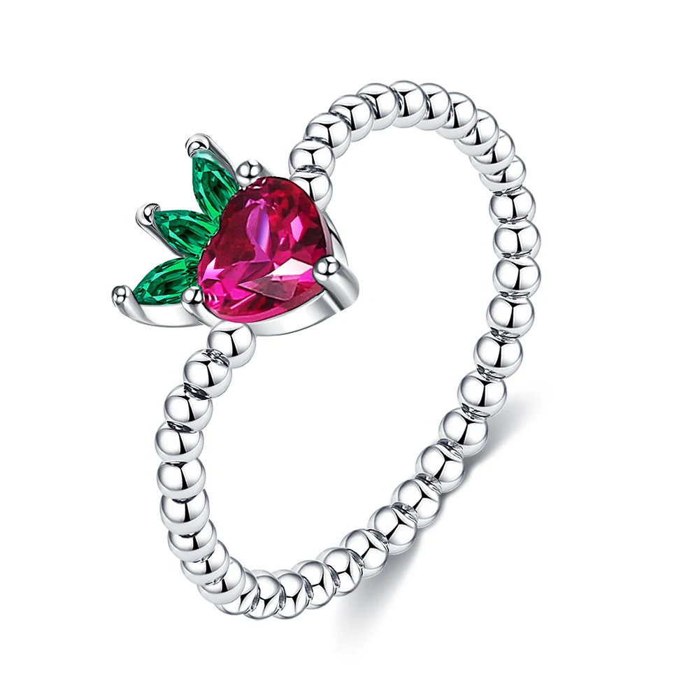 

SILVERHOO Fruits Shape Ring For Women S925 Sterling Silver Lovely Strawberry Zircon Ring Beads Style Wedding Fingers Jewelry