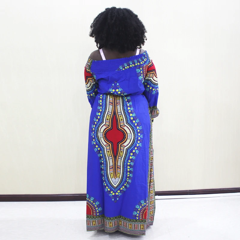 2019 модное Африканское Дашики с открытыми плечами и длинным рукавом синее