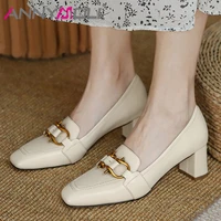 annymoli women shoes genuine leather square toe high heels metal decoration block heel pumps female footwear beige big size 40