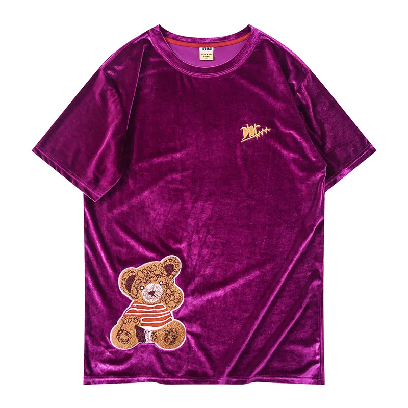 

Velvet Men T-shirt 5 Colors Fashion Summer Bear Print Short Sleeve T Shirt For Men Casual Lifestyle Wear Hip-Hop Tops Corduroy