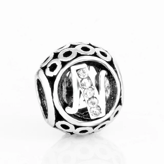 free shipping MOQ 1pc round openwork initial letter alphabet diy bead fit original pandora charms bracelet X004 - Цвет: N
