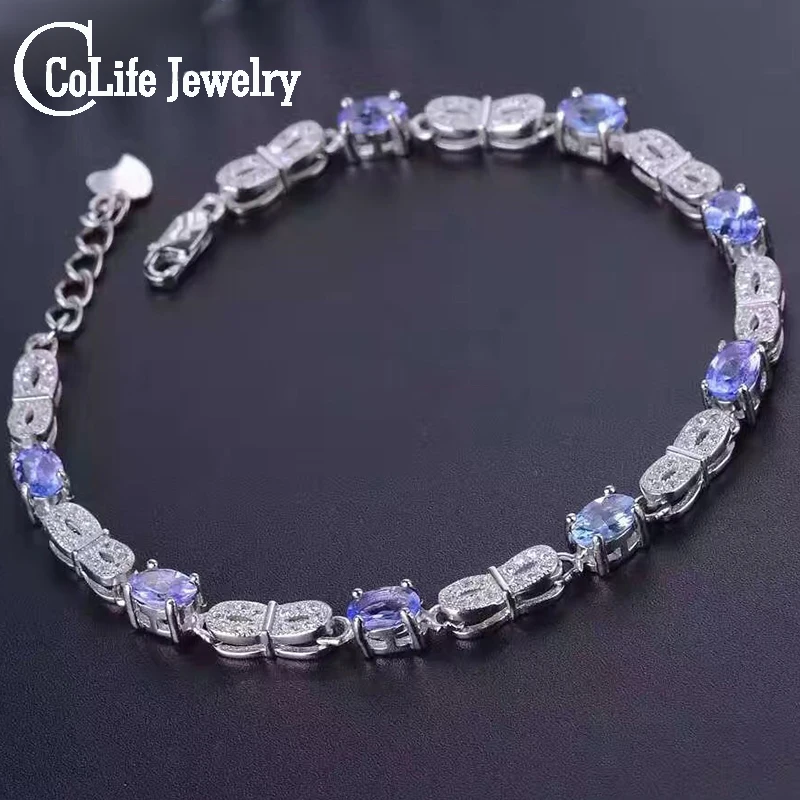 Роскошный Серебряный браслет с камнями 4 карат натуральный Танзанит твердый 925