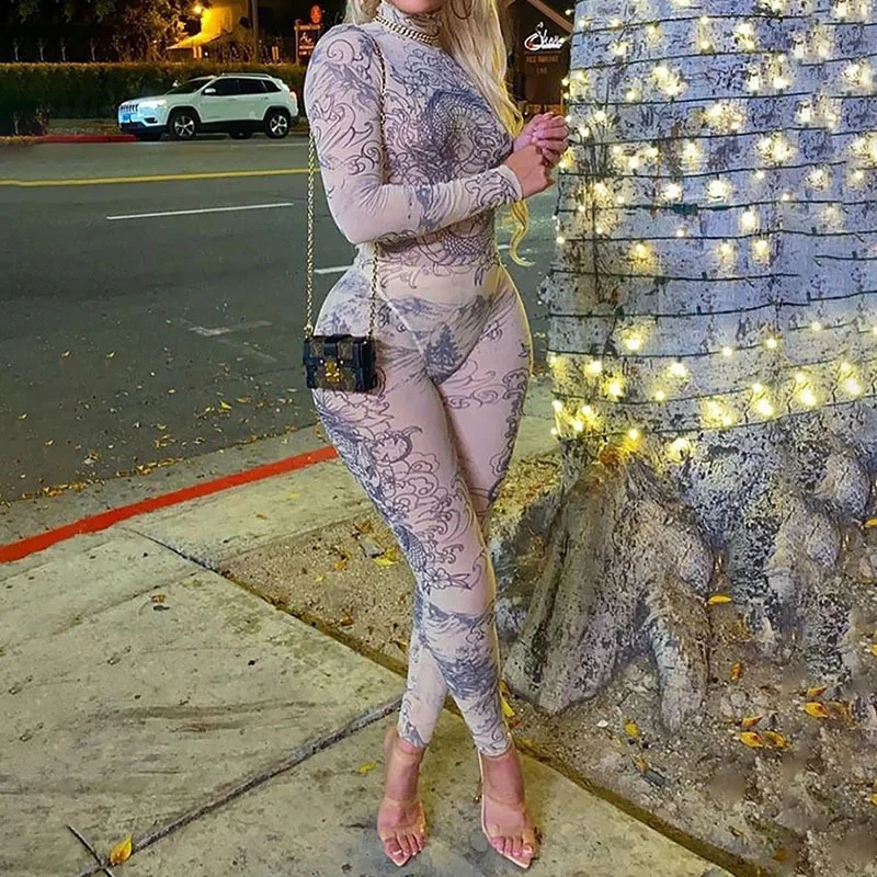 Костюм-двойка женский Donsignet с высоким воротником и длинными рукавами принтом в