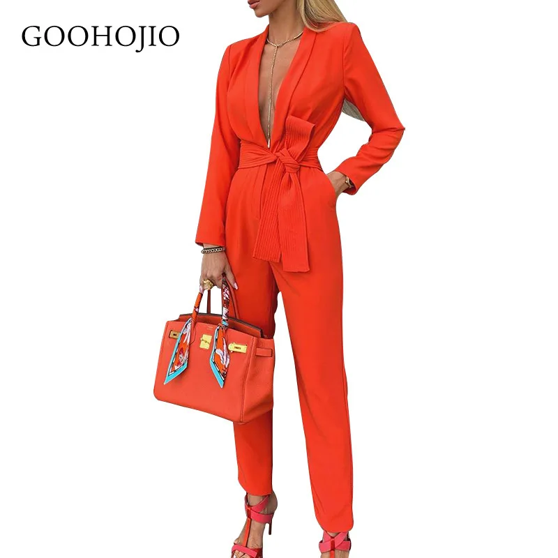 

GOOHOJIO 2021 New Spring and Autumn Fashion Jumpsuits for Ladies Deep V Casual Women Jumpsuits Fashionable Vintage Pants Women