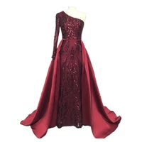 shwaepepty 2020 elegant arabic women one shoulder burgundy lace applique formal evening dress with detachable train party gowns