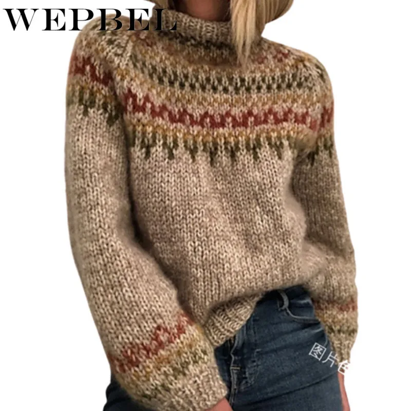 

WEPBEL Women Autumn Winter Loose Thick Knitted Sweater Casual Ladies Elegant Long Sleeve Turtleneck Knitwear Pullover Top