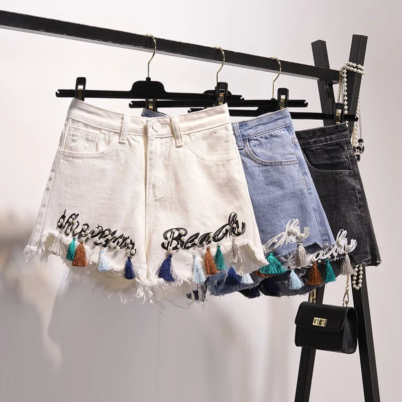

DTSTARZG Beading Embroidery Denim Shorts for Women 2020 Summer Plus Size Korean High Waist Jeans Shorts Female Short Pants