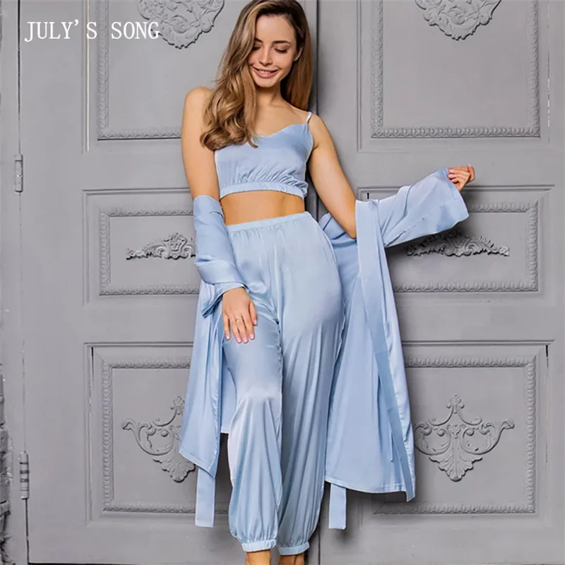 

JULY'S SONG 3 Pieces Sexy Women Sleepwear Faux Silk Winter Pajamas Set Female's Warm Homewear Elegant Nightwear Robe For Girl