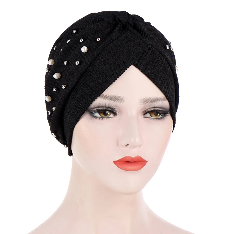 

Muslim Turban Pearl Bead Muslim Women Turban Hat Scarf Banadans Cancer Chemo Beanie Caps Headwrap Ladies Hair Accessories Hot