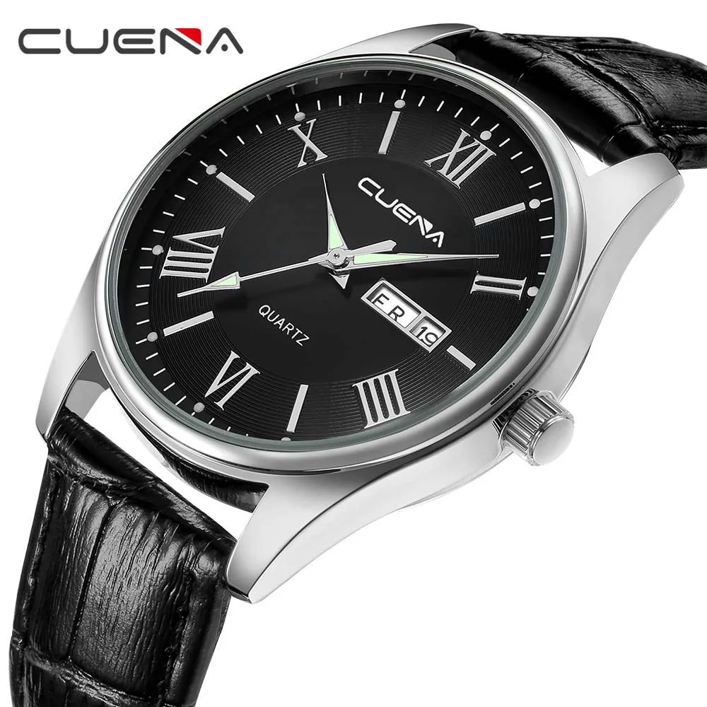 CUENA, мужские кожаные часы, кварцевые часы, модные, простой дизайн, для мужчин, 30 м, водонепроницаемые, простые, с календарем, часы, relogio masculino