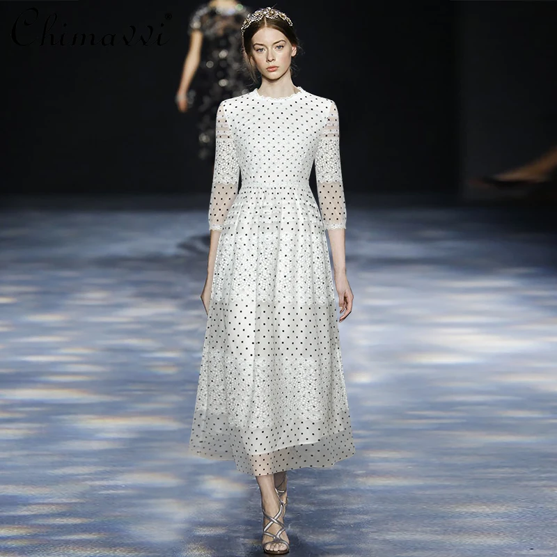 

O-Neck 3/4 Sleeves Slim Large Hem Dress Water Soluble Flower Stitching Mesh Maxi Dress Fashion Polka Dot Dress Women 2021 Spring