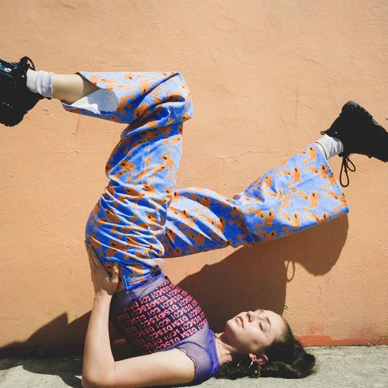

2021 Summer High Waist Contrast Retro Personality Printing Wide-leg Cropped Pants Loose Casual Cropped Trousers Ins Streetwear