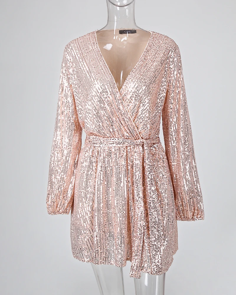

2021 New Year Female Elegant Evening Glitter Style Robe Girls Sequin V-Neck Long Sleeve Wrap Dresses For Women Party Night Club