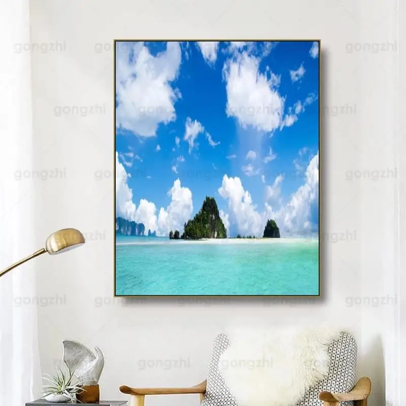 

Seascape Scenery Blue Sky White Clouds Clear Sky Blue Sea Photography Custom Frameless Home Canvas Printing Decoration Poster