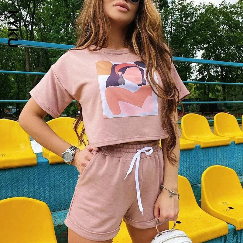 

Summer Casual Printed Tshirt Suit Women Batwing Short Sleeve Sports Short Tops+Solid Shorts Tracksuit Set Ensemble Femme