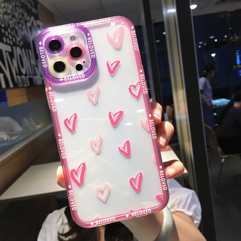 Lovebay Clear Love Heart Pattern Phone Case For iPhone 11 12 13 Pro Max X XR XS Max 7 8 Plus SE2020 Camera Protection Soft Cover