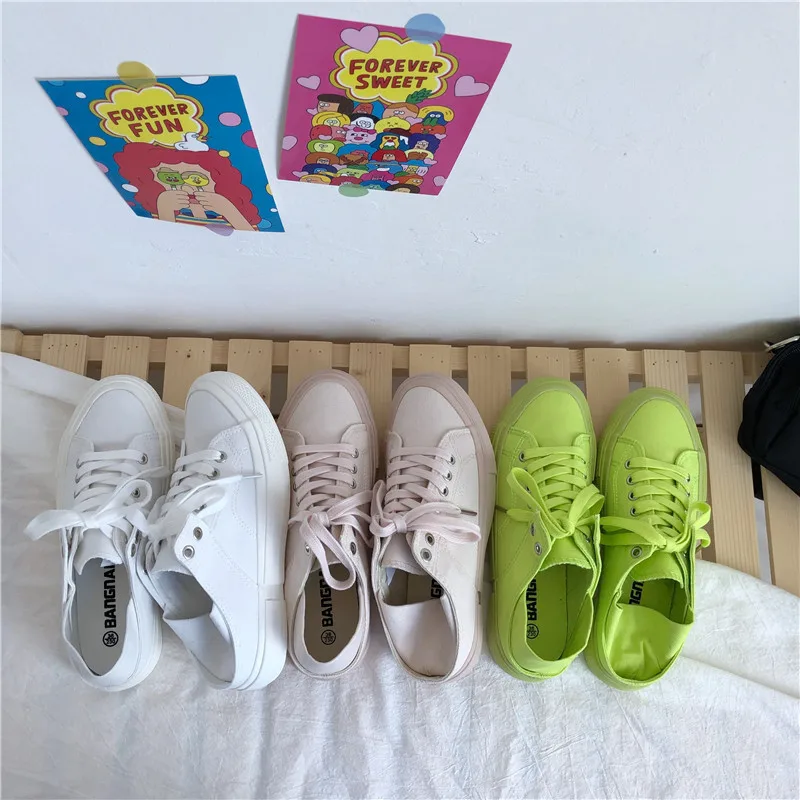 

women canvas shoes fluorescent green girls pink sneakers cloth shoe spring autumn solid color lace up low up white trainer 35-40