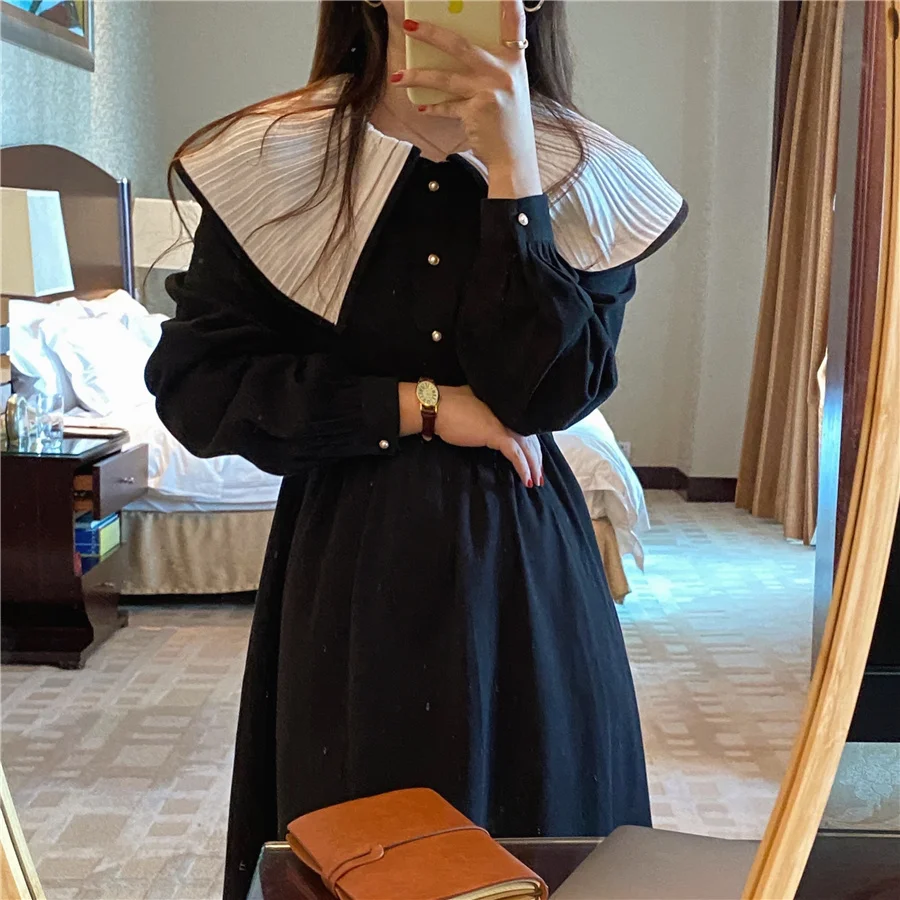 

SuperAen Pleated Ruffle Turn Down Collar Contrast Color Slim Flounced Edge A-LINE Casual Dress for Women