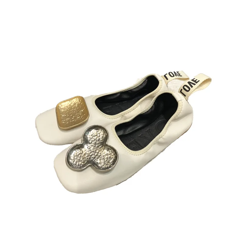 

Novelty Metal Decoration Square Toe Soft Bottom Foldable Ballet Flats Woman Slip on Shallow Roll-up Shoes Women Moccasins 2020