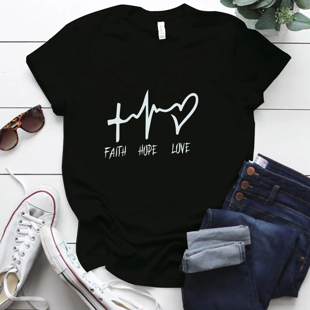 

Faith Hope Love Letter Printing Street Style Woman Tshirts High Quality O Neck Short Sleeve T Shirt for Women Tops Ropa Mujer