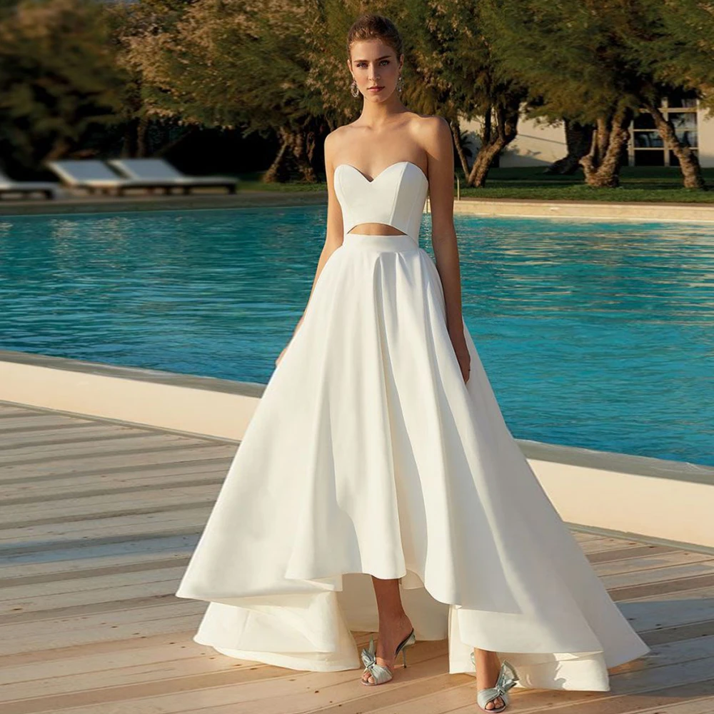 

Simple Sweetheart Strapless Sleeveless Wedding Dresses A-Line High Quality Satin Floor Length Bride Gowns Robe