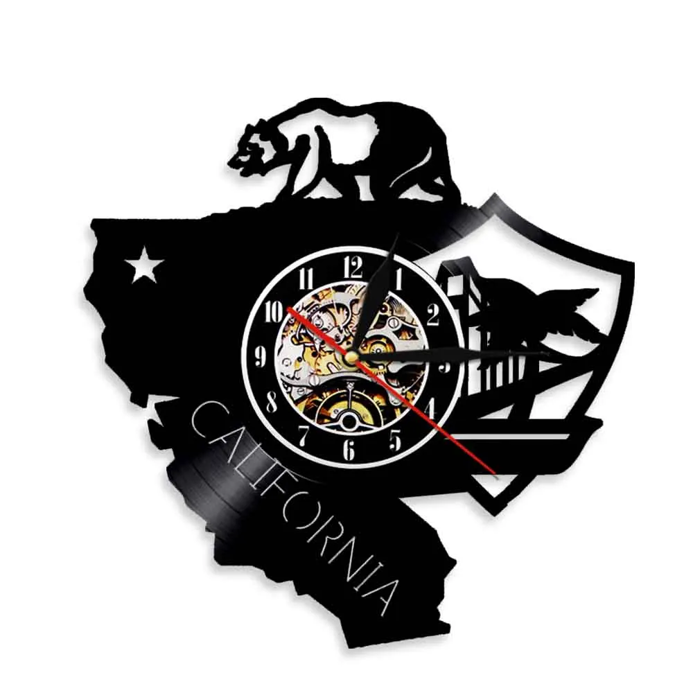 California Bear Vinyl Record Wall Clock Home Wall Decor LED Lamp Light Wide Animal Hanging Watch Modern Design Family Gift