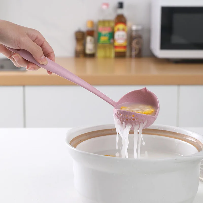 

2 In 1 Long Handle Soup Spoon Multifunctional Kitchen Colander Home Strainer Wheatstraw Cooking Colander Kitchen Tools