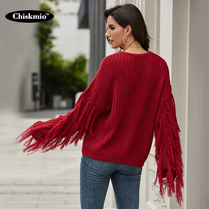 

Chiskmio Tassel Long Sleeve Knitting Tops Women Sweater Knitwear Pullover O-Neck Jumper Loose Sweaters Ladies Streetwear Autumn