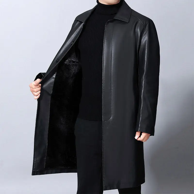 Мужская одежда зимнее однобортное теплое пальто из искусственной кожи с