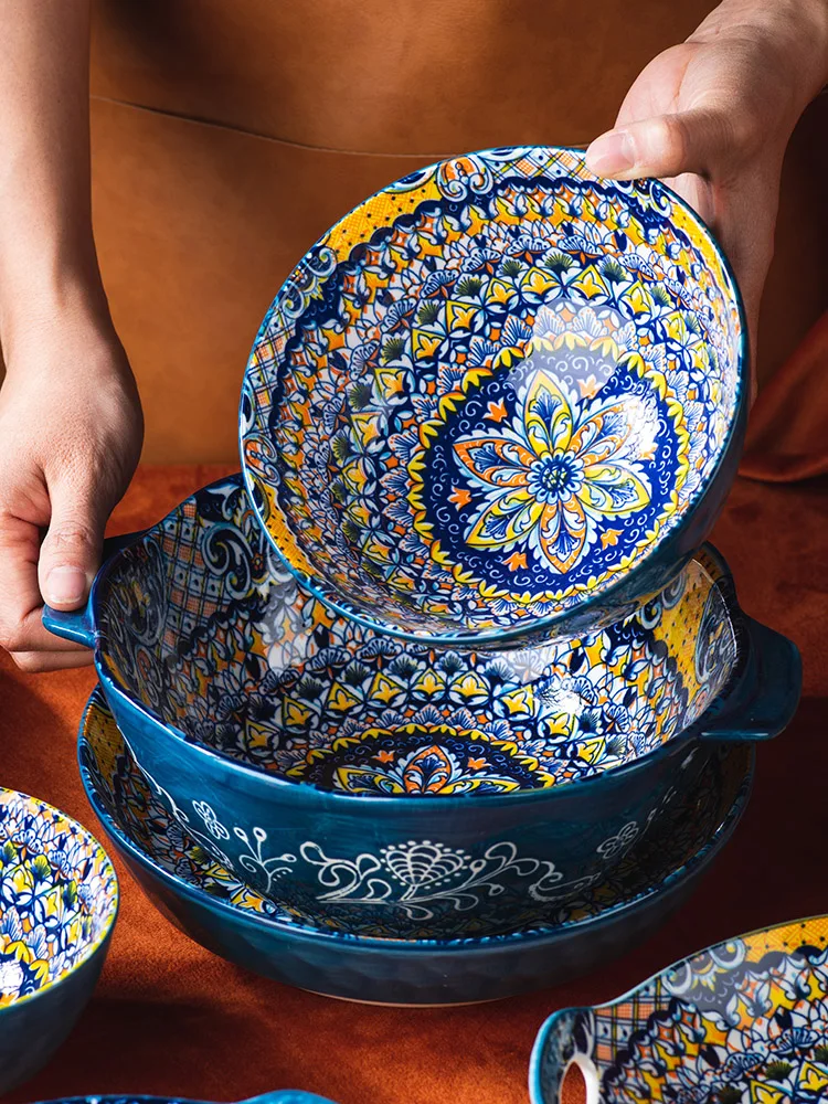 

Poscano Underglaze Ceramic Dinner Set Creative Binaural Soup Noddle Bowl Household Large Deep Fish Plate Handle Baking Dish