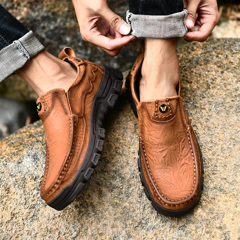 Men shoes geuine leather Non-Slip Hiking Shoes First Layer Cowhide Leather Sneakers lace up oxofrds Breathable Boots | Обувь