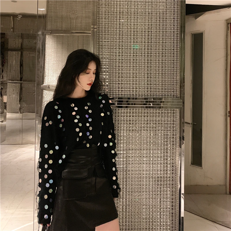 Fashion Knitting Sequins Women Mohair Sweater Tops 2019 Newest Autumn Womans Runway Pullovers Tassel Loose Short Sweaters | Женская