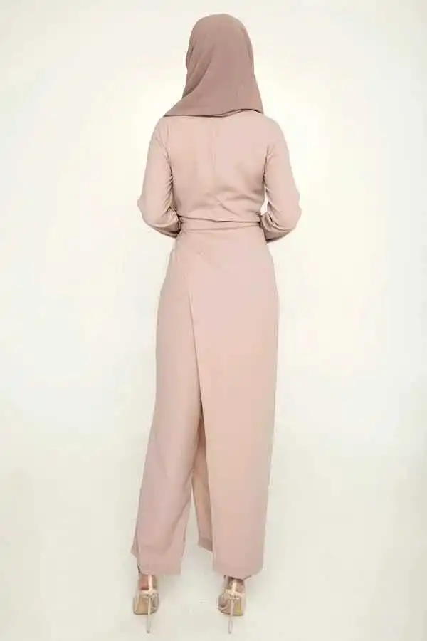 

WEPBEL Muslim Fashion Long Sleeve Drawstring Patchwork O-Neck Straight Jumpsuits Women's Casual Solid Color Slim Jumpsuits